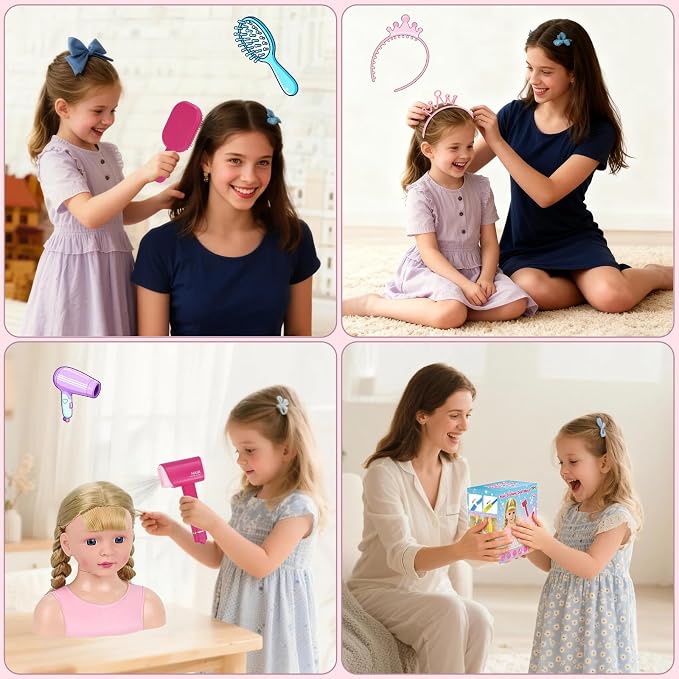 Doll Head for Hair Styling Kids, Pretend Play Hair Salon Toys for Girls with Hairdryer Hair Accessories, Princess Birthday Toys Gifts for 3 4 5 6 7 8 Years Old