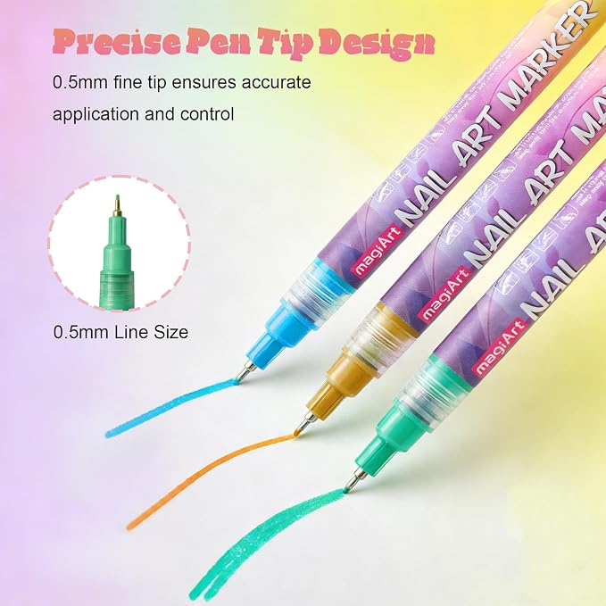 YOUKOYI Nail Art Pens, 12 Colors Precision Tip Nail Art Markers Set Easy to Use for Beginners, Vibrant Quick-Dry Paint for DIY Nail Design & Detailed Drawing - Professional Manicure Tools Kit