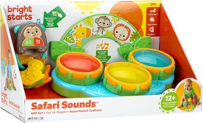 Bright Starts Safari Sounds Gift Set, 2-PK Baby Toys for On the Go, Musical Drum Toy and Car Keys Toy with Car Sounds, Unisex Jungle Theme, 3-6 Months and Up