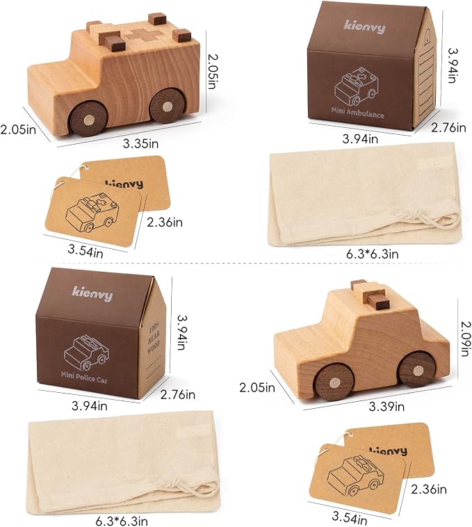 Wooden Toy Cars for 3 Year Old Boys & Girls - Construction Vehicles Set Push Toys for Toddlers, Wood Montessori Car with Rolling Wheels, Natural Wood Toys (Ambulance & Police Car)