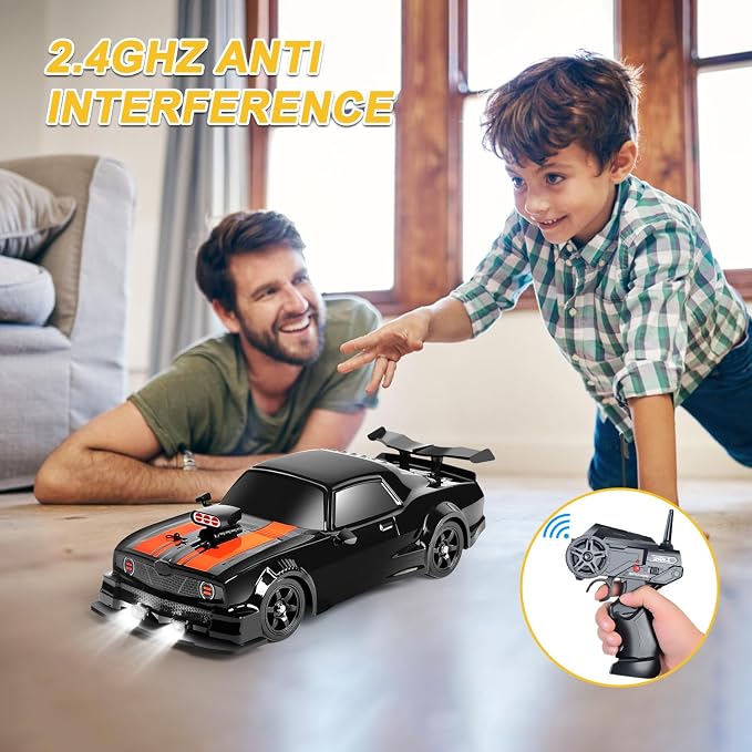 Fistone RC Drift Car 2.4GHz 1:16 Scale 4WD 18KM/H High Speed Remote Control Car with LED Lights, 2 Batteries and Rubber Tire, Racing Sport Toy Vehicle for Adults, Boys, Girls, and Kids