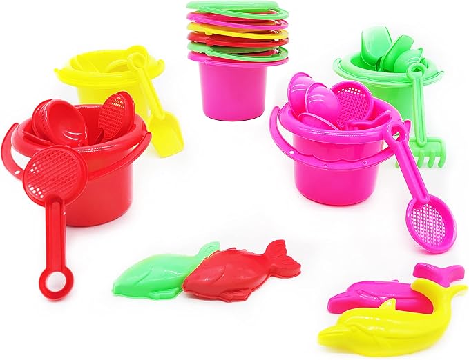 The Dreidel Company Mini Beach Day Playsets 6-Pack 3.25" Sand Bucket Play Set Box Includes, Pail, Shovel, Rake, Sifter Scoop, Dolphin Fish Sand Trays Toy for Boys and Girls Birthday Party Favor