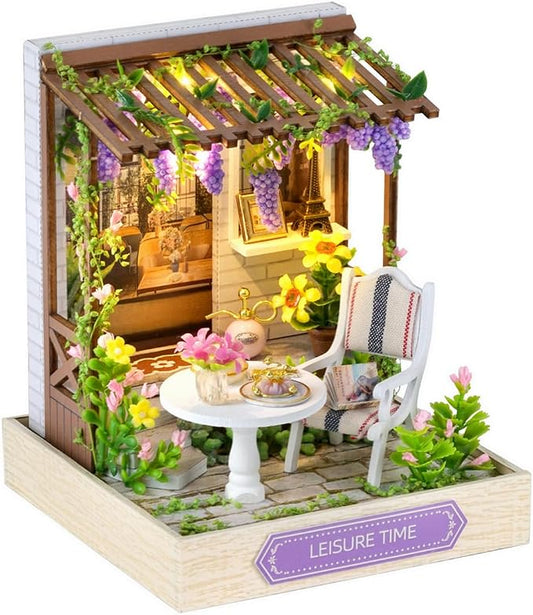 Miniature House Kit, CUTEROOM Tiny House Kit Wooden Dollhouse Kit Mini House Making Kit, DIY Dollhouse Kit Birthday Gift -Leisure Time