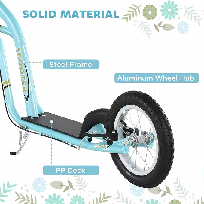 Aosom Kick Scooter with Dual Caliper Brakes, Big Wheels Kick Scooter for Ages 5+, 12-Inch Inflatable Front Wheel, Max Load 220lbs