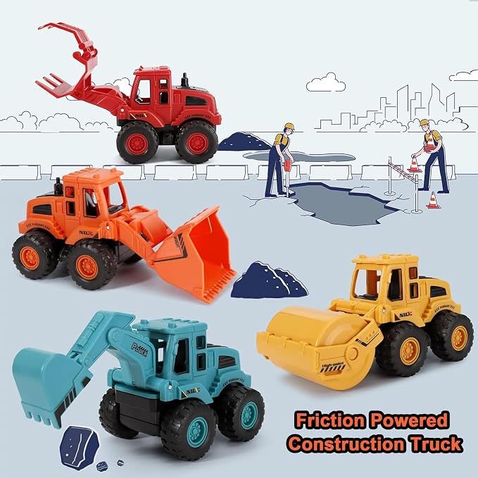 4PCS Construction Toys,Friction Powered Construction Truck Toys Vehicles,Mini Construction Vehicles Toys Sand Truck Toys,Bulldozer Excavator Roller Truck Toys Gift for Kids Boys Girls