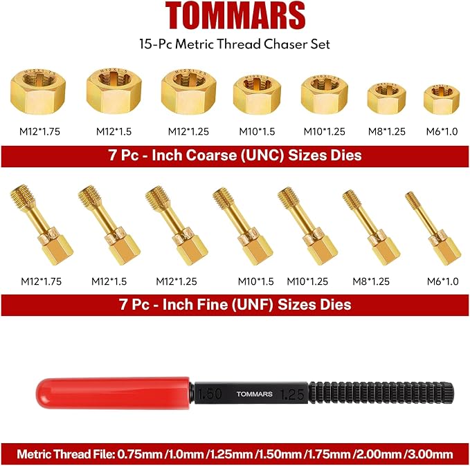 TOMMARS 15-Piece Metric Thread Chaser Set, M6 M8 M10 M12 Thread Restorer Tool Rethreading Repair Kit