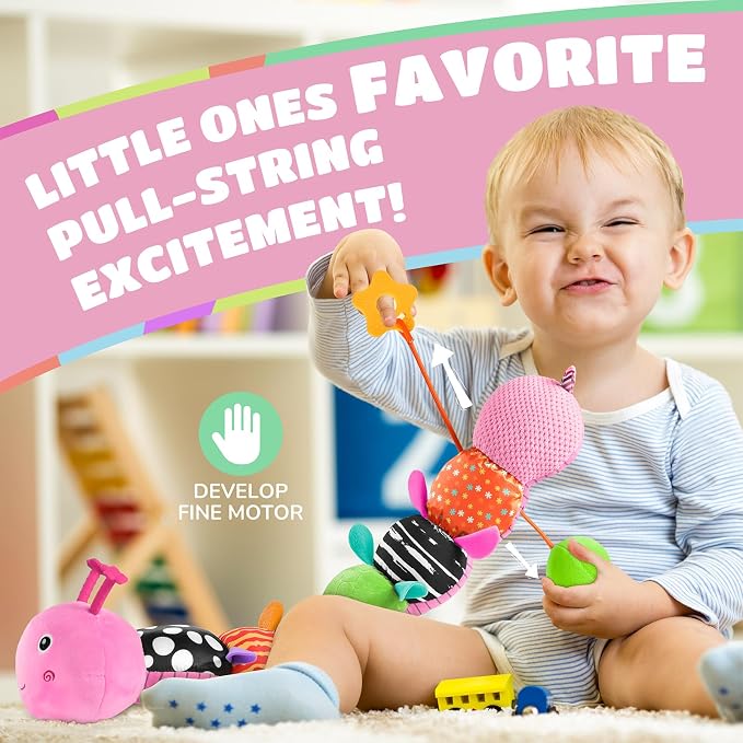 AWOTOY Baby Toys 6-12 Months Music Caterpillar Infant Toys Stuffed Animals 0-3-6 Months Teething Tummy Time Sensory Toys with Mirror Rattle&Pull String Boys Girls Shower Birthday Gifts