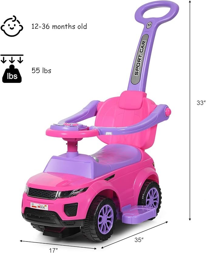 Costzon 3 in 1 Ride on Push Car, Stroller Sliding Walking Car with Horn, Music, Light, Under Seat Storage, Parental Handle, Armrest Guardrails, Ride on Toy for Boys & Girls (Pink)