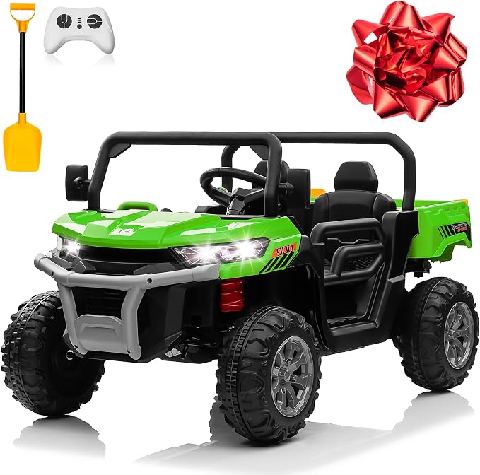 24V 4WD Ride on Truck Car w/4X200W Motor, Dump Bed, Gift Flower, 2 Seaters, Remote Control, 4 Wheeler, LED Light, Music, 24 Volt Ride on Toys for Big Kids Girls 3-8, Green