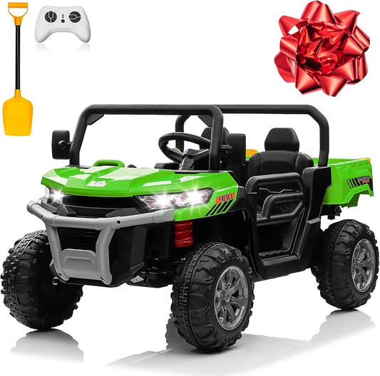 24V 4WD Ride on Truck Car w/4X200W Motor, Dump Bed, Gift Flower, 2 Seaters, Remote Control, 4 Wheeler, LED Light, Music, 24 Volt Ride on Toys for Big Kids Girls 3-8, Green
