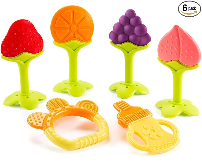 Teether Toys for Babies 0-6 Months, Newborn Infant Teethers Freezer Safe Silicone, Frozen Teething Toys 6 Pack - Perfect Baby Gift