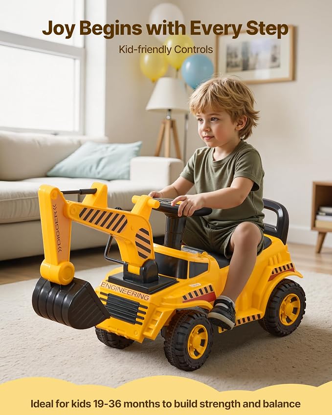 VEVOR Ride On Toddler Car, Push Car for Toddler 19 to 36 Months, Excavator Digger Toy with Helmet & Music, 55 lbs Load Capacity, Foot-to-Floor Walker for Kids, Yellow