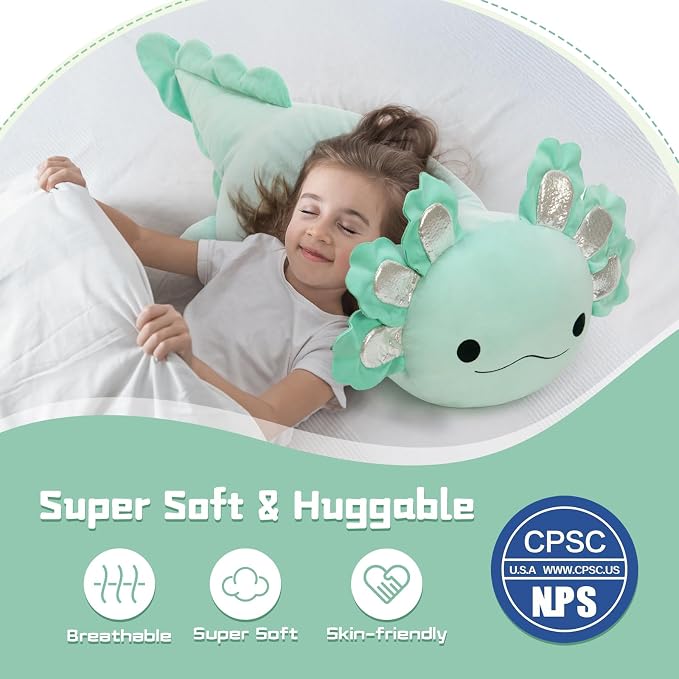 BENINY Large Axolotl Plush Toy, 39" Giant Mint Axolotl Stuffed Animal Plush, Big Huggable Toys Gift for Girls Kids, Long Squishy Pillow for Holiday Birthday Christmas