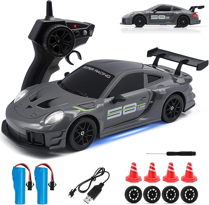 RC Drift Car, 1:24 4WD Remote Control Cars Vehicle with LED Light,2.4GHz 20KM/H High Speed RC Cars with Two Batteries & Drifting Tires Racing Sport Toy for Adults Boys Girls Kids
