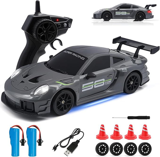 RC Drift Car, 1:24 4WD Remote Control Cars Vehicle with LED Light,2.4GHz 20KM/H High Speed RC Cars with Two Batteries & Drifting Tires Racing Sport Toy for Adults Boys Girls Kids
