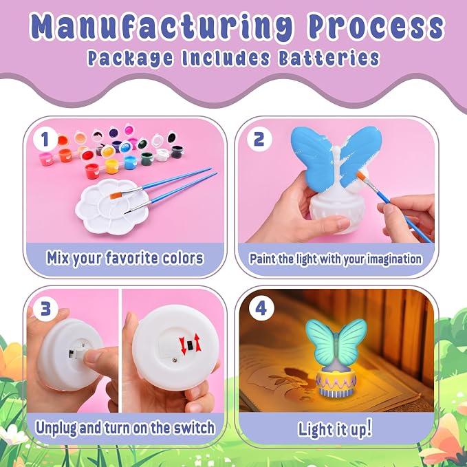 ASIOWELY Paint Your Own Butterfly Lamp Kits,Arts and Crafts Supplies for Kids Toys Ages 4-6-8-12,DIY Art Night Light Painting for Girls Ages 5-10,Birthday Gifts for 3-12+ Year Old Toddler Teens Adults