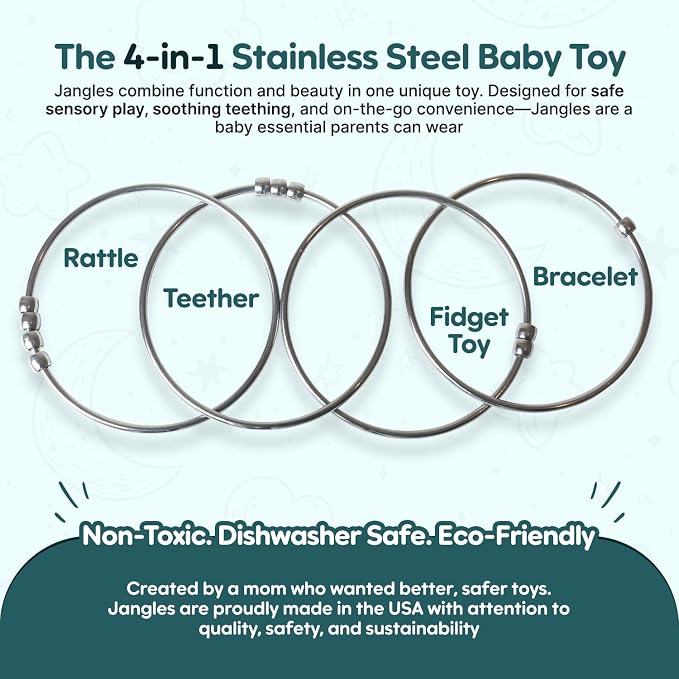 Jangles - Made in USA Stainless Steel Baby Rattle, Teether, Teething Bracelet & Fidget Toy – Heirloom Quality, Safe, Non-Toxic, BPA-Free – Ideal for Teething, Sensory Play & Early Development