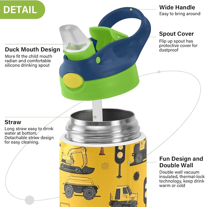 Boccsty Tractor Yellow Truck Kids Water Bottle with Straw Lid Construction Machines Insulated Stainless Steel Reusable Tumbler for Boys Girls Toddlers 12 oz Green