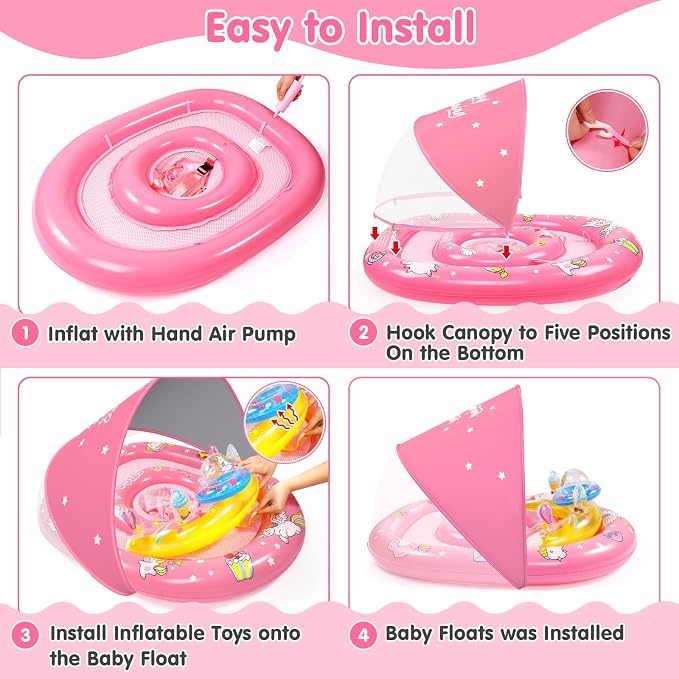 EZIGO Baby Pool Float with Canopy UPF50+ Sun Protection, Inflatable Kids Pool Floats with Ocean Animal Toys for Baby 6-36 Months, Infant Swimming Float with Adjustable Safety Seat for Boys Girls
