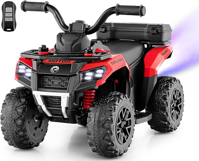 OLAKIDS Kids ATV with Spray Function, Remote Control, Storage Trunk, 6V Toddler Ride on Toy, Red