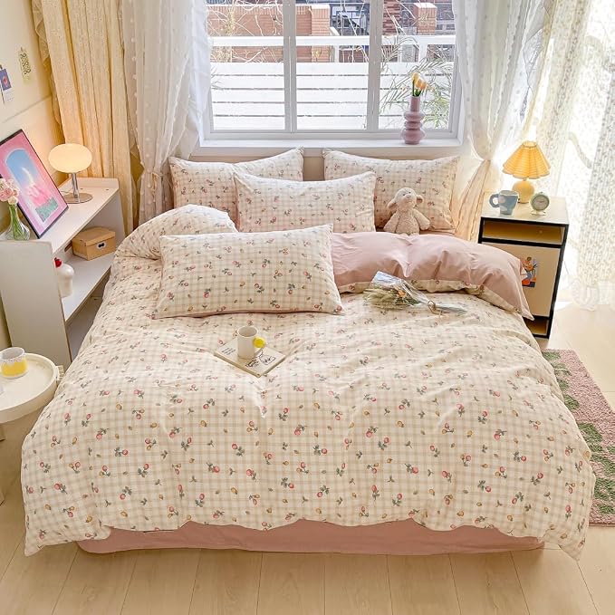 LIWHENHAO Strawberry Duvet Cover Set Queen 100% Cotton Bedding Red Yellow Fruit Floral Flower on Cream White 1 Plaid Grid Comforter Cover Full 2 Pillowcases for Kids Girls Boys Woman