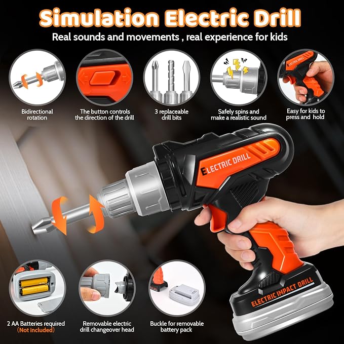 Premium Kids Tool Set, Portable Carrying Bag with Battery Powered Toy Drill, Easy-Grip Pretend Play Toddler Tool Kit, Construction Toys for Boys & Girls Age 3-8, STEM Gifts
