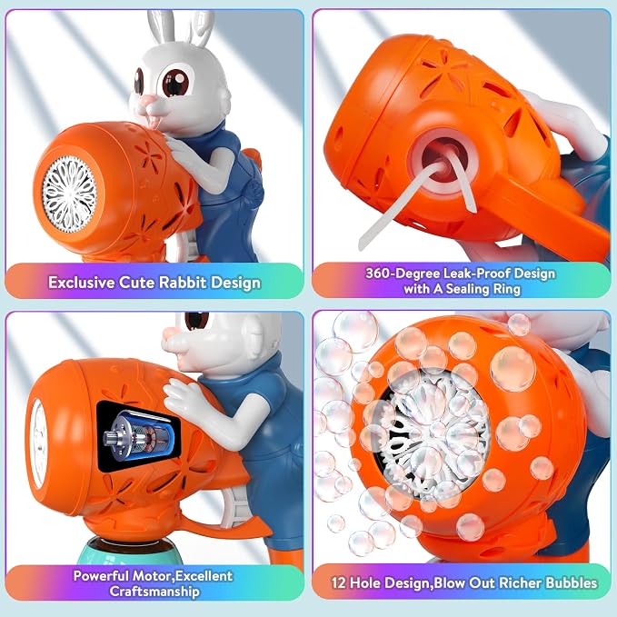 IFLOVE 2-Pack Rabbit Bubble Machine for Kids, Automatic Bubble Gun Ages 3-8 | Bunny & Easter egg design, 12 outlets blow 5,000+ bubbles; 10 solution packs; summer outdoor toy; needs 4 AA batteries