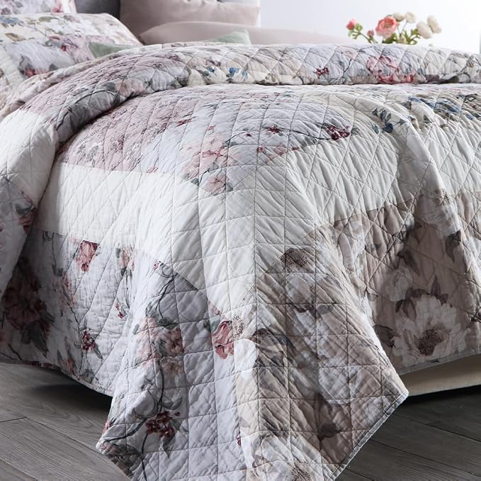 Cotton Bedspread Quilt Bedding Sets 3 Pieces Reversible Coverlet Sets Comforters Vintage Floral Patchwork White Bedspread, Queen Size