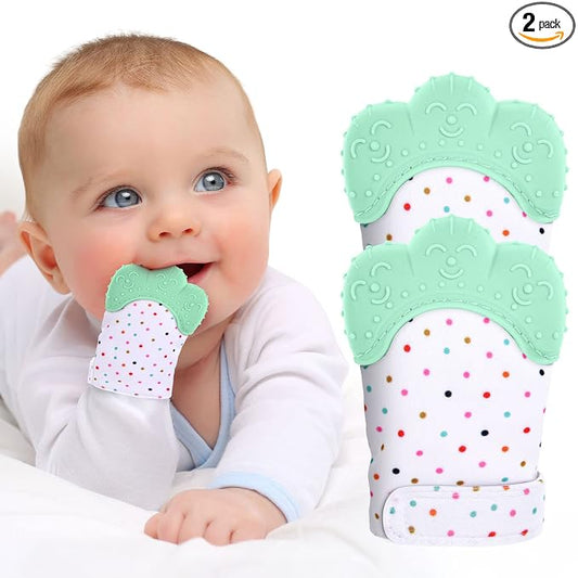 2Pack Silicone Teething Mitt, Soothing Infant Teething Mitten Pain Relief, Prevent Scratches Glove, Safe Silicone Teething Toys for 0-12 Months