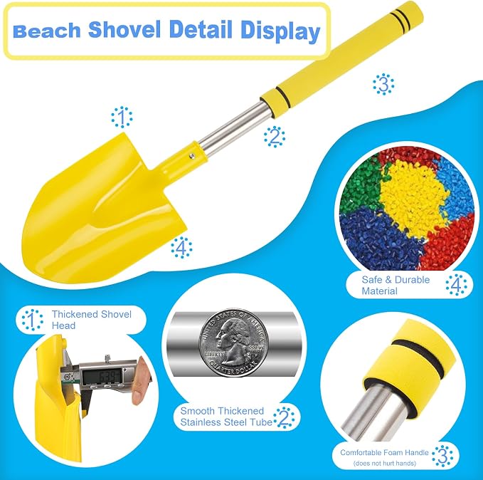 Beach Shovels Long Handle for Kids,3PC 24Inch Beach Sand Shovels Toys for Digging Heavy Duty Stainless Steels with Yellow Soft Spone Sturdy Scoop Seaside Kids Tool Lightweight Gift Set