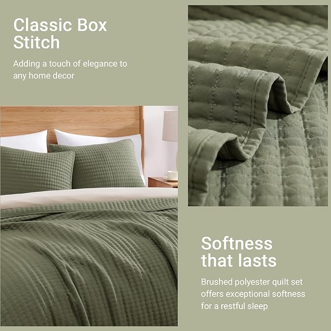 WRENSONGE King Size Quilt-3 Pieces Lightweight Bedspreads Olive Green King Quilt Bedding Set for All Seasons, Soft Summer Coverlet with 2 Pillow Shams Suitable for Bed, Couch, Quilt Blanket