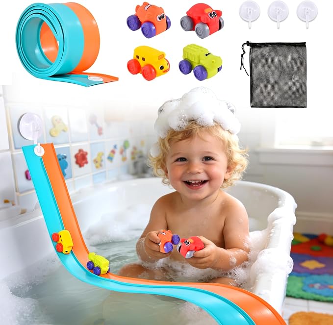 Race Car Bath Toy Set, Flexible Race Track with 4 Cars and Suction Cup, Flex Car Track Bathtub Toys, DIY Cars Bath Toys Gifts for Boys Girls Ages 3+