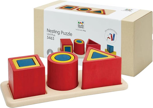 PlanToys® Nesting Puzzle Wooden Toy Set for Kids Ages 3+ | Montessori Stacking & Shape Recognition Activity for Spatial Awareness, Creativity & Coordination | Eco-Friendly Educational Toy