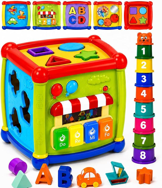 Shape Sorting Cube with Music & Lights - 6 in 1 Sensory Busy Cube Stacking Cups Activity Toy for Toddlers 18+ Months, Educational Learning Toys for Boys & Girls