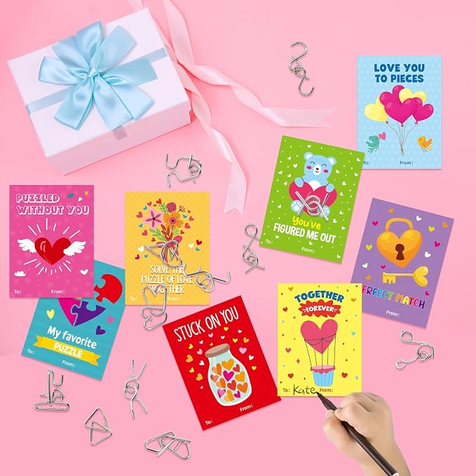 Fancy Land 24 Pack Valentines Gifts for Kids Classroom Metal Puzzles Brain Teasers Kids Valentines Day Cards for School Exchange Gifts Party Favors