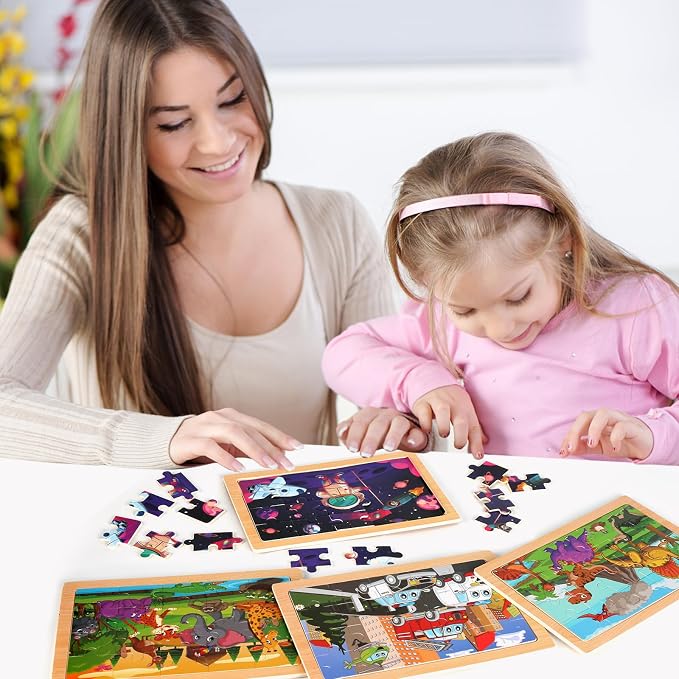 Wooden Puzzles Toys for Kids Ages 3-5, Set of 4 Packs Dinosaur, Space, Transportation Wood Toddler Puzzles, Preschool Brain Teaser Toys for Boys and Girls 3 4 5 6 Years Old