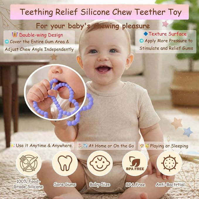 2 Pcs Baby Teething Toys Silicone Butterfly Teething Rings Over 3 Months - Baby Essentials Sensory Chew Toys -Baby Teether for Teething Relief -BPA Free Infant Toys Baby Shower Gifts (2, White,Purple)