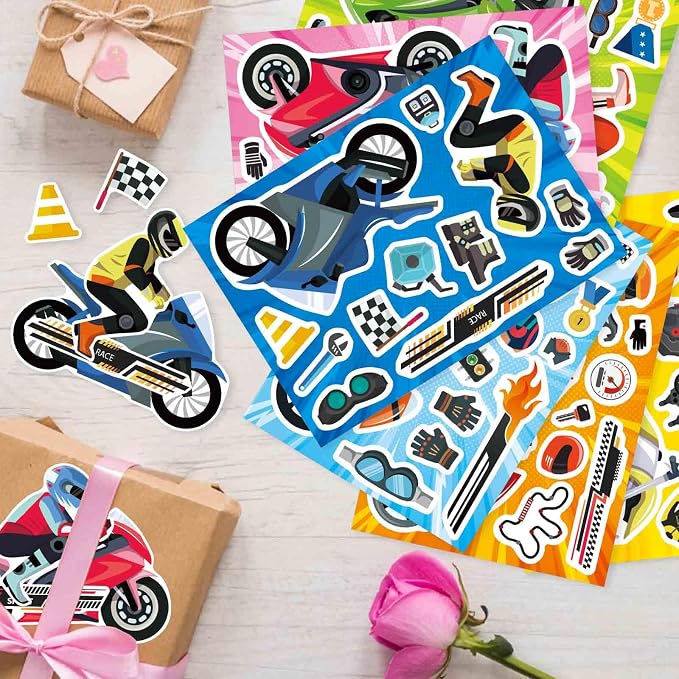 24 Sheets Motorcycle Stickers for Kids, Make a Motocross Face Sticker, Make Your Own Dirt Motobike Stickers for Kids Party Favor Birthday Party Supplies Crafts