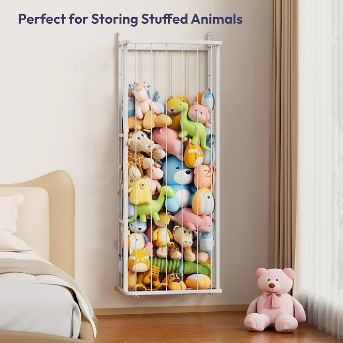 SWTYMIKI Hanging Stuffed Animal Storage - Over Door Large Plush Toy Organizer, Wall Mounted or Corner Stuffie Storage for Nursery, Doll & Bear Plush Organizer for Kid Room Bedroom (White, 3-Tier)