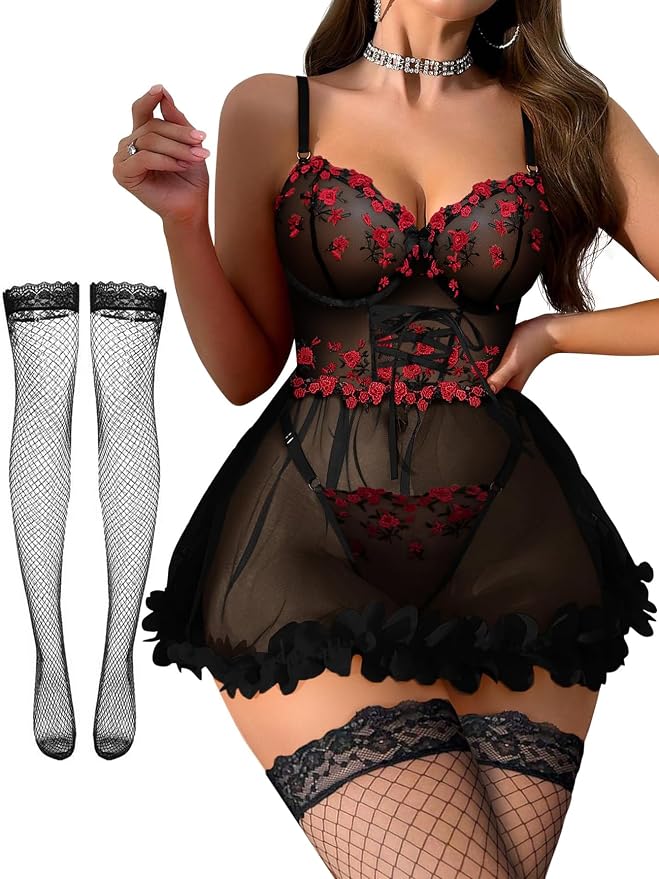 Foxiny Sexy Ruffle Floral Skirt Underwire Mesh Sheer Lace Babydoll Lingerie Dress with Thong 2 Piece