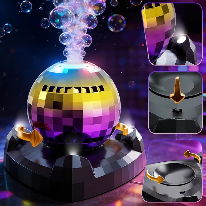 Bubble Machine, Automatic Bubble Blower Maker with 360° Rotating Turntable and LED Lights, Disco Ball Bubble Machine Summer Kids Toys for Weddings Birthdays Party Indoor Outdoor Backyard Camping