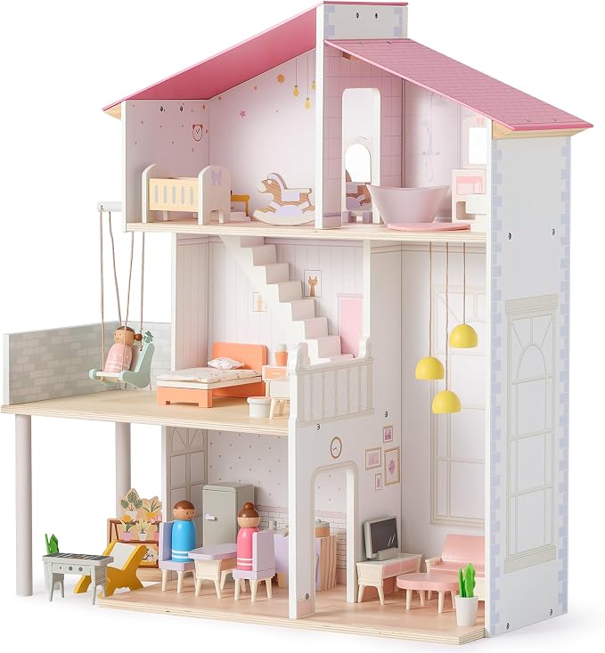 SainSmart Jr. Wooden Dollhouse for Girls, Modern Family Doll House with 37Pcs Furniture & Accessories, 3-Story Pretend Playhouse Toy Gift for Kids Ages 3+