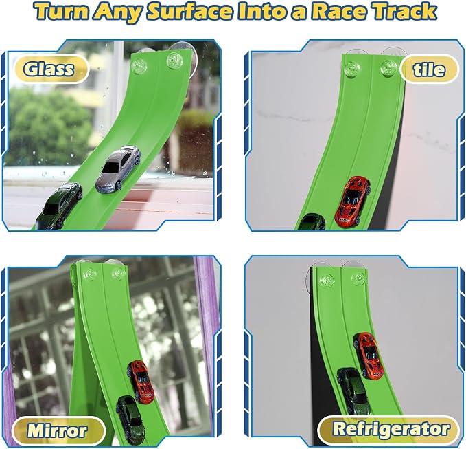 Upgrade Flexible Race Track Flex Tracks for Kids 3+, 15Ft Flexible Car Track Race Car Track Compatible with Diecast 1/64th Cars, Roll Up Race Ramp Toy with Strong Suction Cups