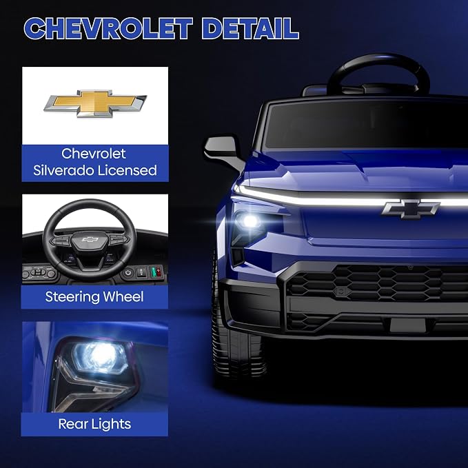 24V Ride On Toy, Licensed Chevrolet Silverado Vehicle for Kids, Birthday Gift Electric Cars with Remote Control for Toddlers, Wide Seat, Soft Start, 3 Speed, Music Player, Blue