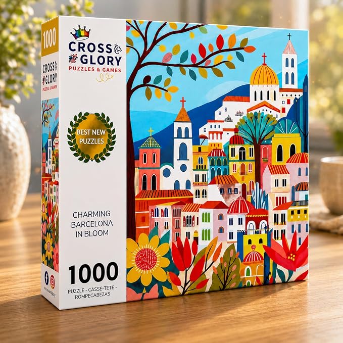 Cross & Glory - Charming Barcelona in Bloom - 1000 Piece Jigsaw Puzzle for Adults | Colorful Floral Folk Art Puzzle for Barcelona Lovers and Art Enthusiasts