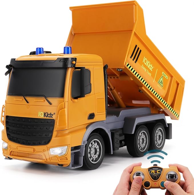 IQKidz Remote Control Dump Truck Toys - RC Construction Vehicles with Blue Warning Lights, Trucks Toy for Boys Girls 3 4 5-7 8 9 10 Year Old and Up, Best Birthday Gift Ideas for Kids Age 5-10