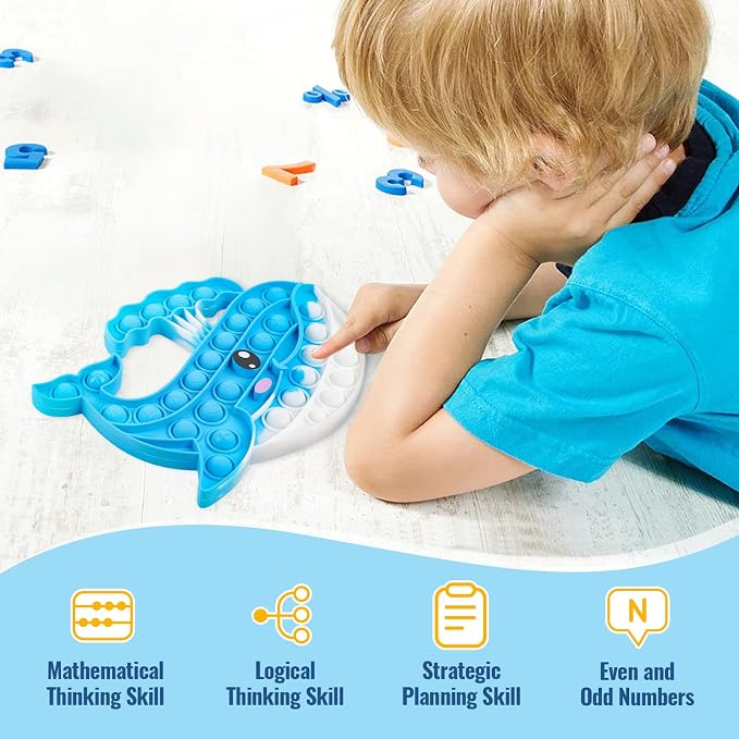 Whale Pop Fidget Toy for Kids and Adults, Large Silicone Sensory Bubble Toy for Stress Relief and Focus, Calming Tie-Dye Blue Push Popper for ADHD Autism Anxiety, Reusable and Washable Press Toy