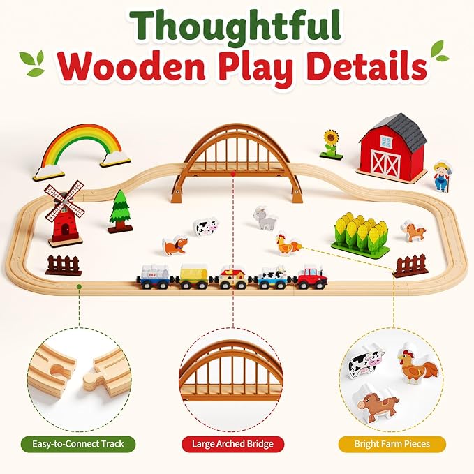 Wooden Farm Train Set,Toddler Toys,Train Set for Toddlers 3-5,Magnetic Train Toys,with Plastic Tracks Compatible with Major Brands Expandable，Sensory Toys for Kids,Ideal Gifts Boys, Girls