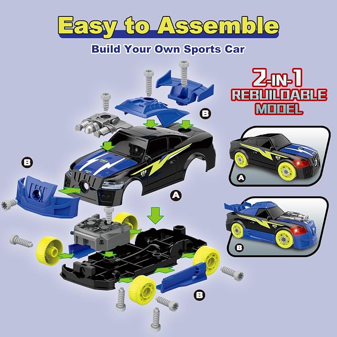 Pup Go Take Apart Toy Racing Car for Kids Age 3+ Year Old, 2 in 1 Build Your Own Car with Realistic Sounds & Lights, Construction Vehicle Toys with Electric Drill, Ideal Gitfs for Boys(4 Spare Screws)