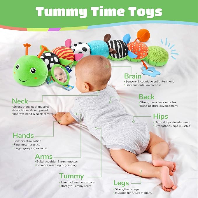 AWOTOY Baby Sensory Toys Music Caterpillar Plush Infant Toys 0 6 12 Months | Stuffed Animals Tummy Time Teething Toys with Mirror Pull String Rattle Baby Toys for Newborn Boy Girl Shower Birthday Gifts